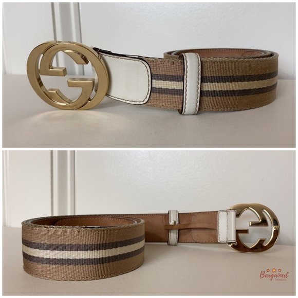 Authentic Gucci Web Canvas Leather Gold Interlocking G Buckle Belt 80/32 114876 - Picture 11 of 13